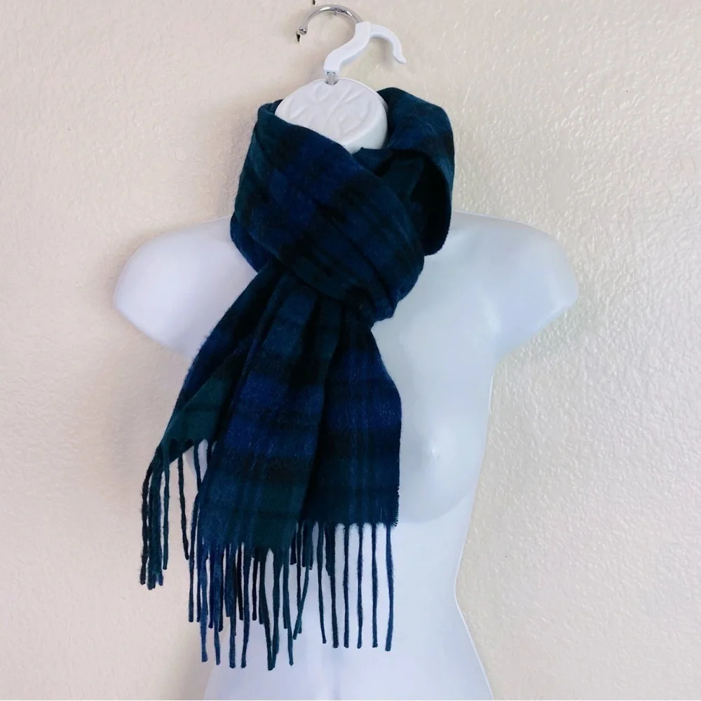 Lochmere Cashmere Navy/Green Tartan Plaid Scarf 12” x 59”